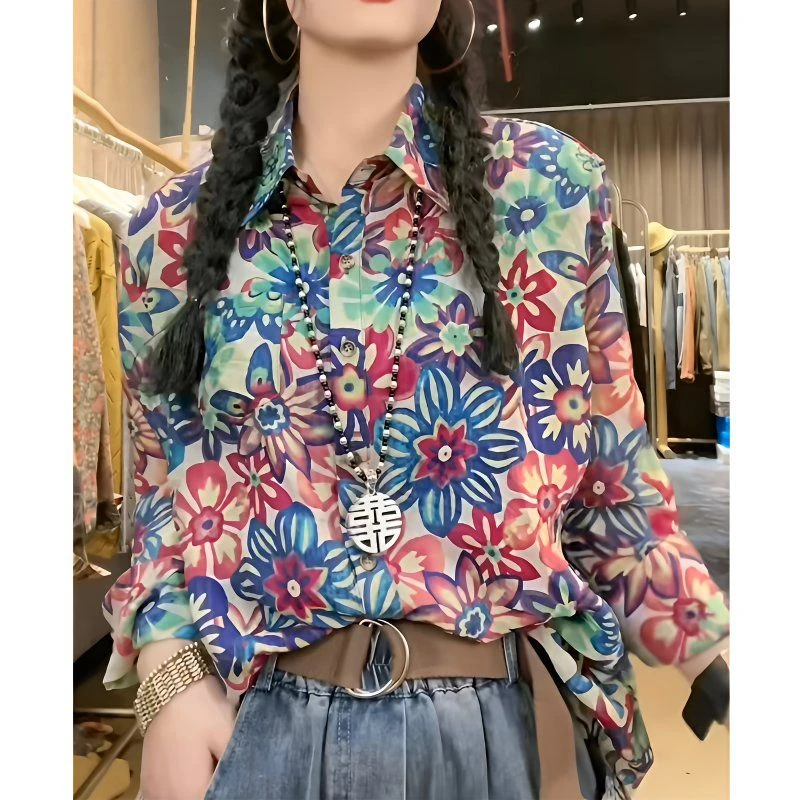 欧货春夏棉麻衬衫女宽松大码洋气碎花薄款防晒开衫打底衬衫上衣潮