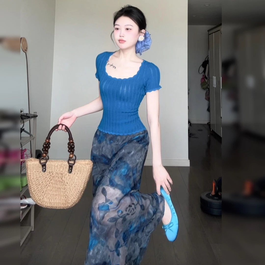 蓝色碎花鱼尾半身连衣裙子女夏季2025今年流行长裙套装3841