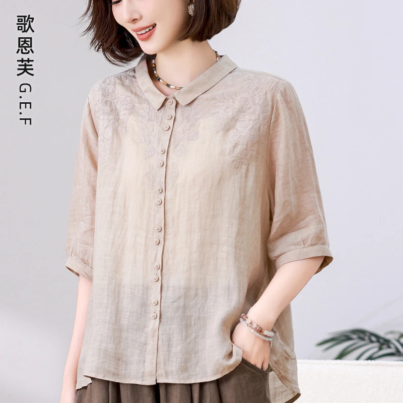 高端苎麻衬衫女夏季2025新款棉麻风上衣中年妈妈洋气减龄漂亮小衫