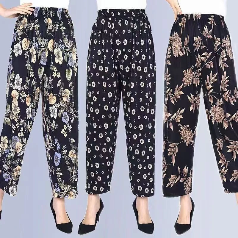 夏季薄款冰丝女裤薄款九分中老年宽松大码休闲裤子松90-145斤