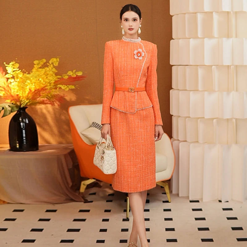 桔色假两件小香风连衣裙60477