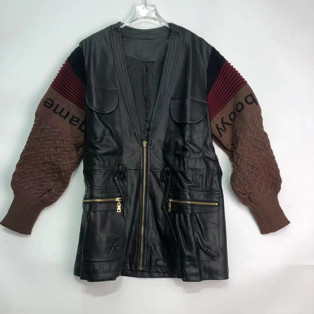 B9980时尚V领黑色拉链拼接休闲开衫