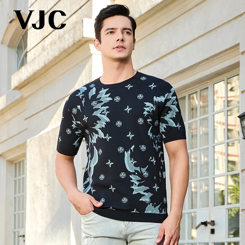 VJC/威杰思2025春季新品男装时尚短袖针织衫潮流提花B24AC1220