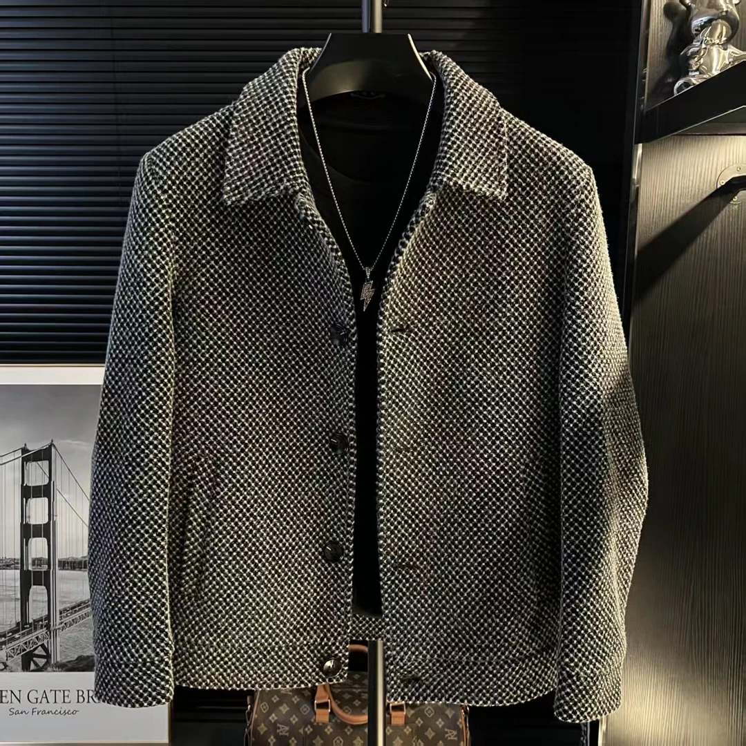 X-轻奢毛呢外套男短款翻领格子男士夹克韩版潮流男装