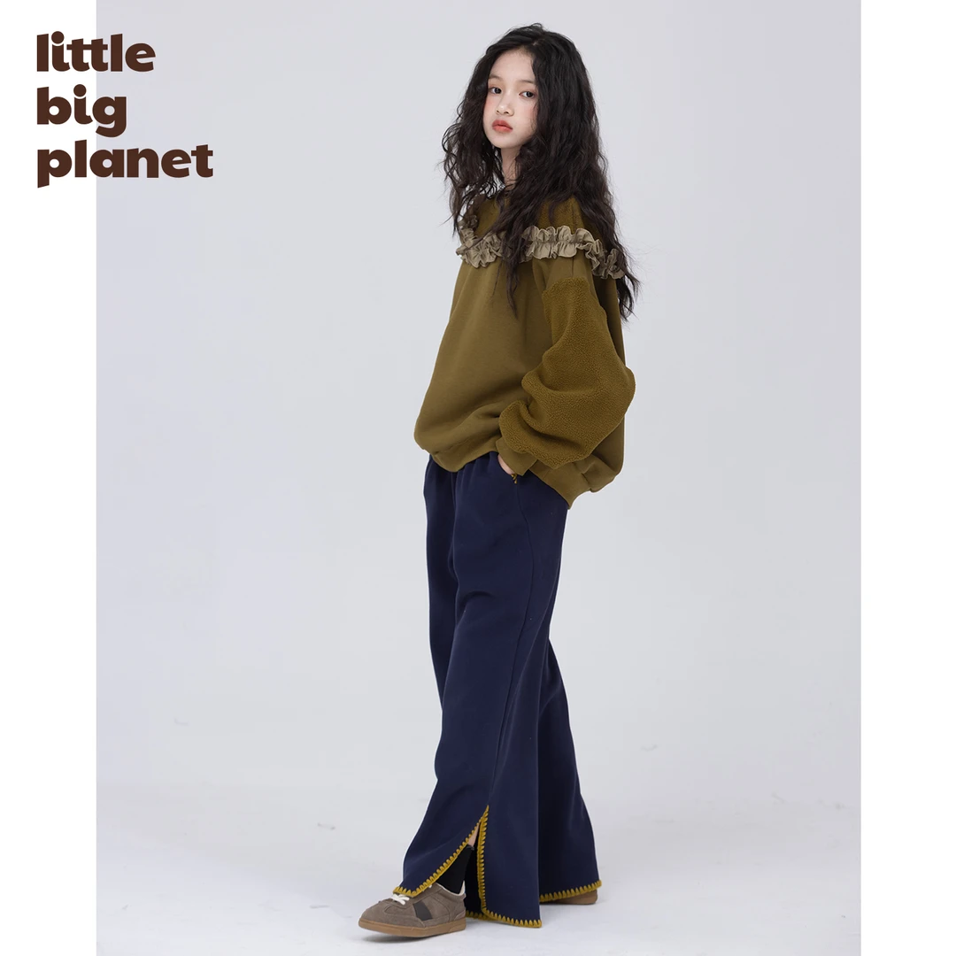 小小大星球童装 低弹丝混纺摇粒绒花边卫衣 冬日女童慵懒拼接上衣