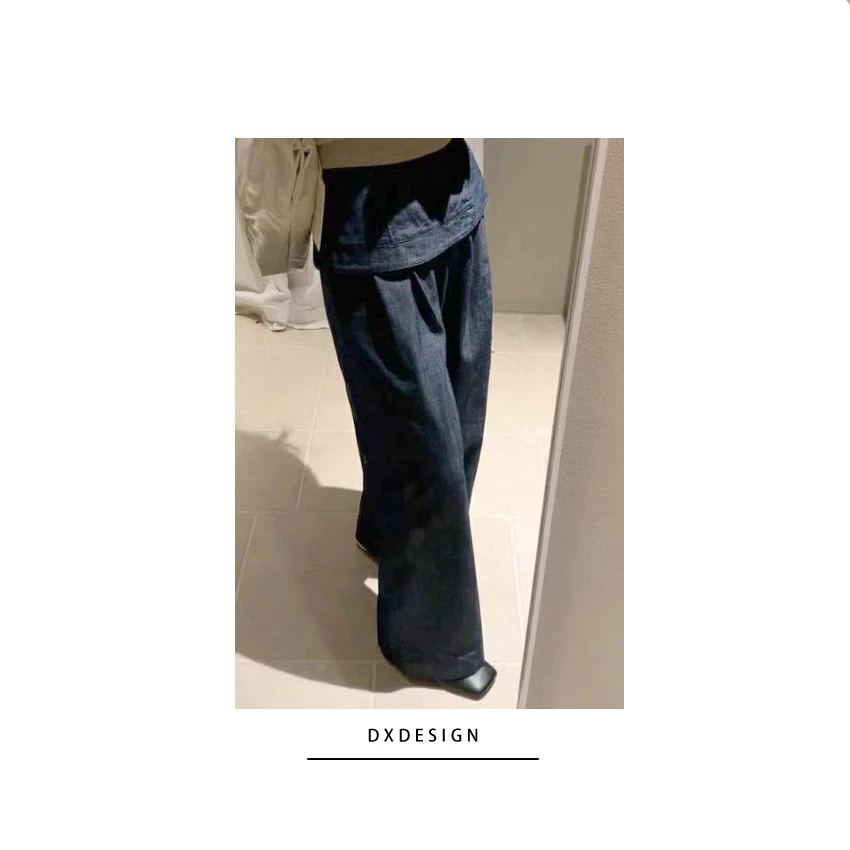 原创雅痞亚麻棉宽松褶皱休闲牛仔裤 屁帘假两件薄款百搭直筒裤女