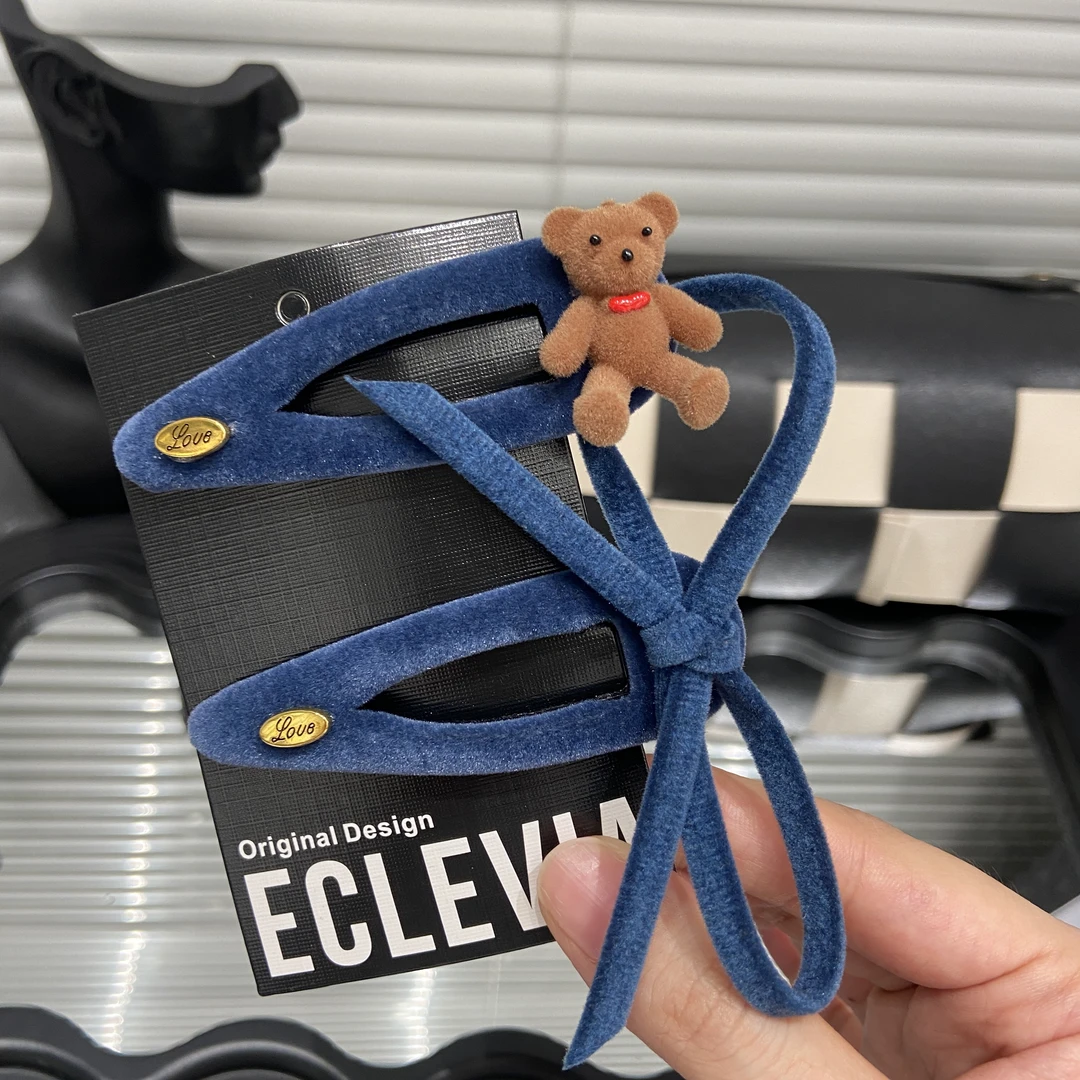 E4976 秋冬新款可爱植绒小熊BB夹蓝色百搭少女感侧边刘海碎发夹