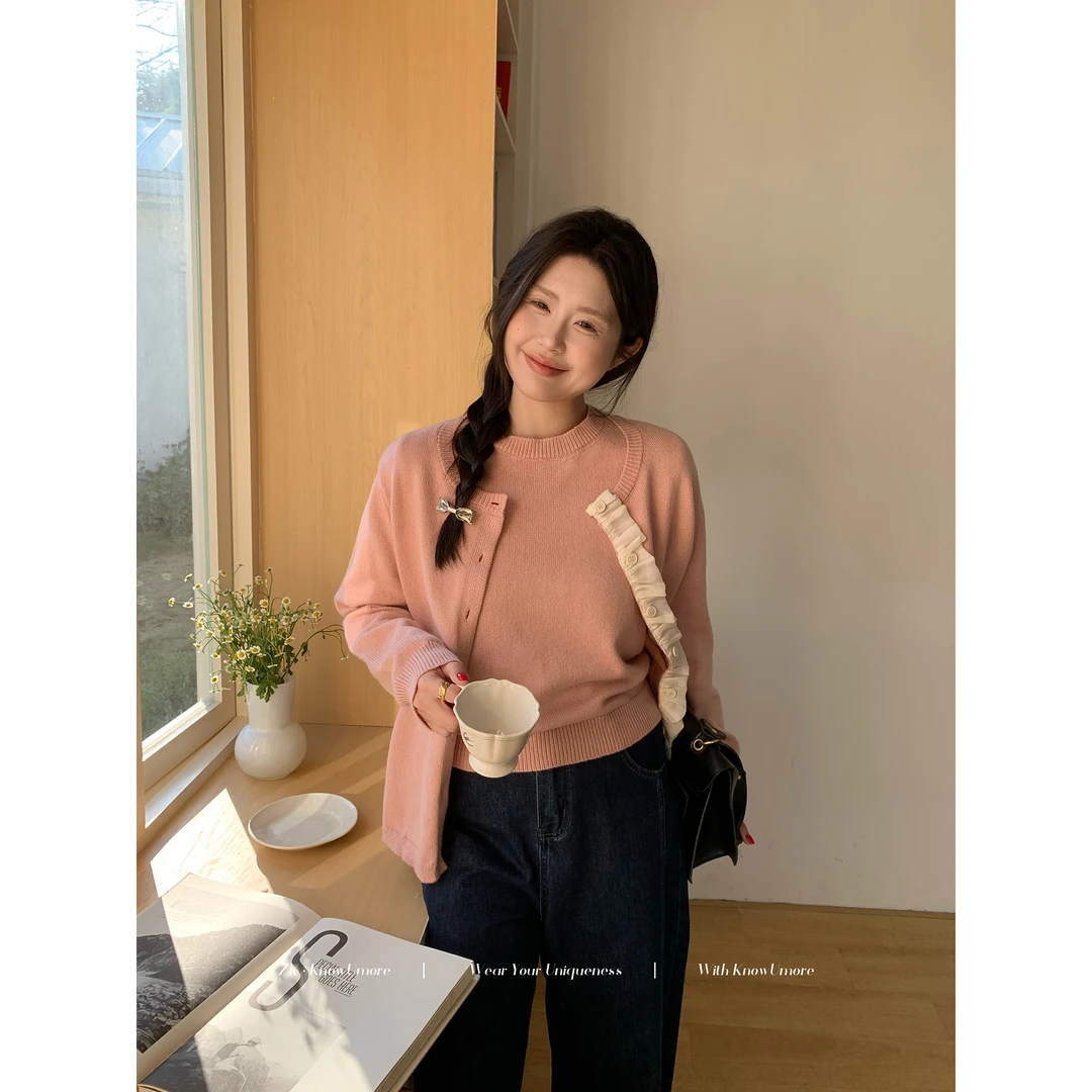 知葵微胖定制【春日造梦】初春花边开衫短袖毛针织套转12244MZS6358