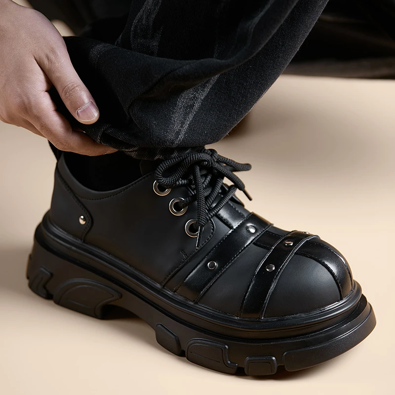 德比鞋男厚底圆头大头鞋韩版百搭系带透气通勤内增高男士休闲皮鞋