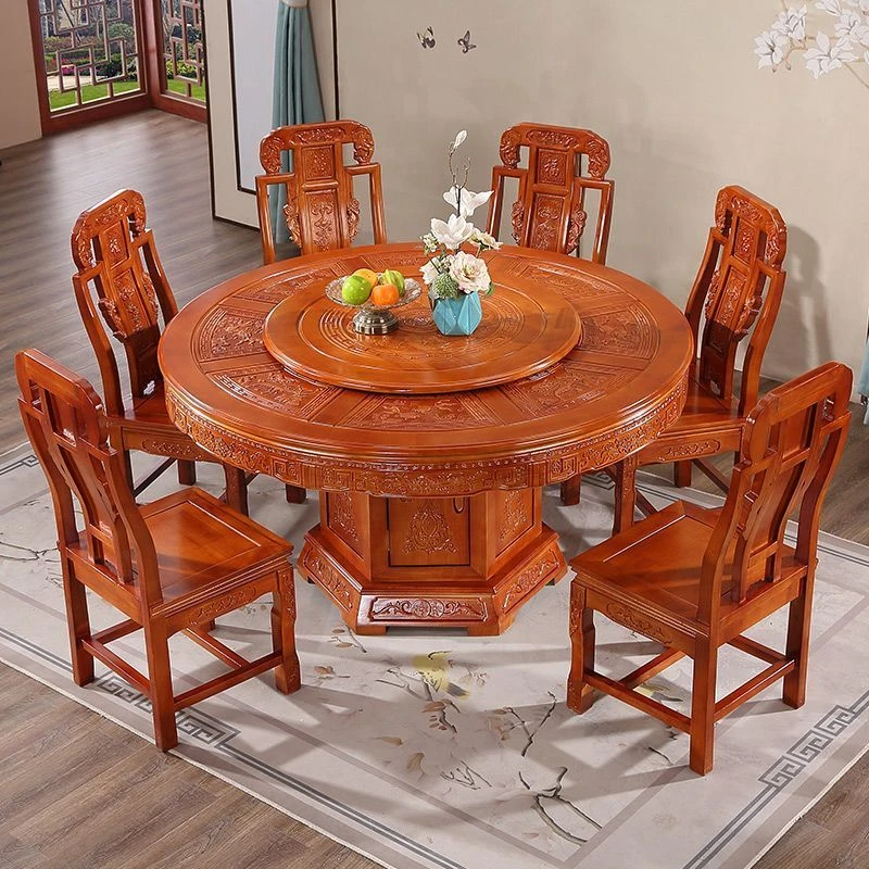 2025款实木餐桌仿古桌面雕花圆形餐桌家用酒店饭桌带转盘桌椅组合