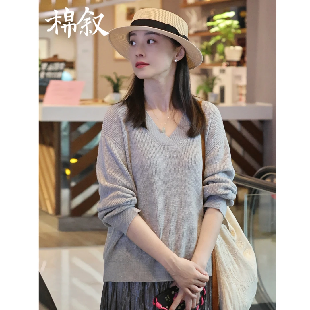 棉叙珠片纱V领套头衫女士减龄时尚洋气慵懒针织上衣秋15191