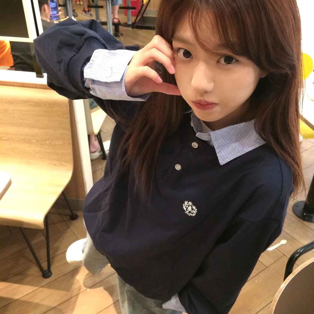 美式学院风假两件衬衫POLO领卫衣外套女宽松休闲情侣款上衣