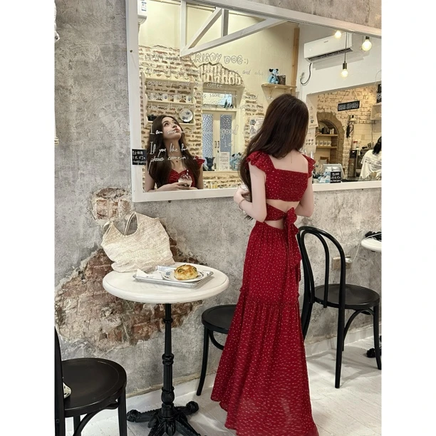 【海岛繁花】小飞袖露背连衣裙女显瘦温柔百搭海边度假连衣裙