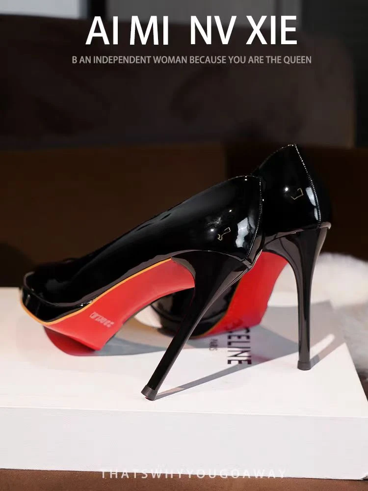 黑色防水台单跟高跟鞋12cm2025年新款秋冬漆皮细跟尖头红底单鞋女