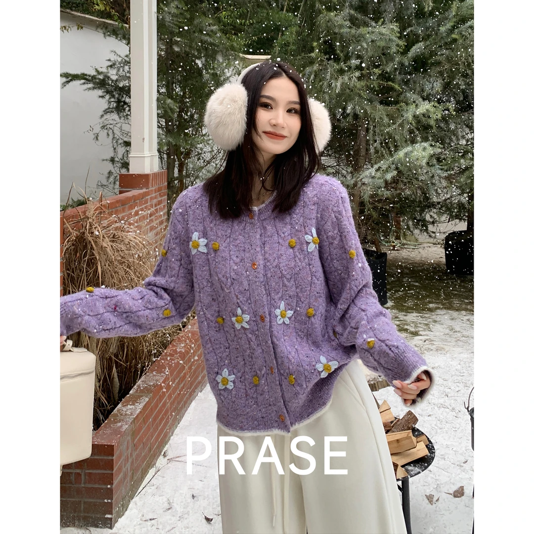 PRASE·噜【香榭丽舍】微胖显瘦高级感立体花朵刺绣针织开衫PR511E68
