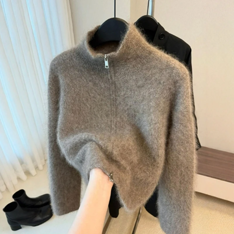 美拉德咖色马海毛拉链针织开衫外套女秋冬外穿奶fufu宽松软糯上衣