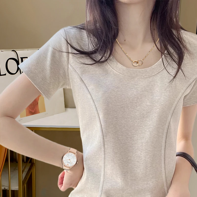 纯欲风圆领正肩鱼骨短袖t恤女夏季新款韩版修身收腰遮肚短款上衣