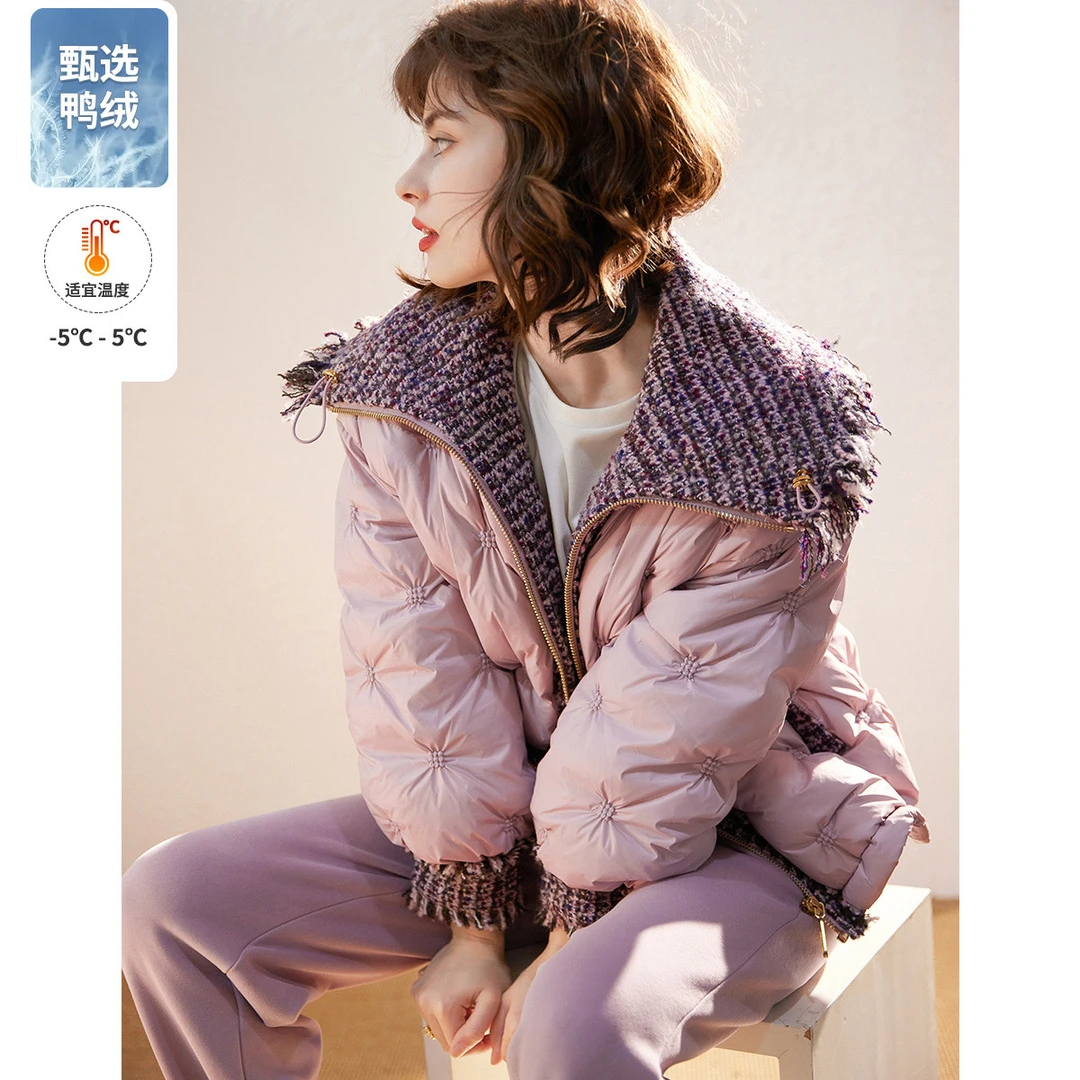 白鹿语冬新款翻领毛须边装饰鸭绒气质拼接厚羽绒服外套ZBX10061