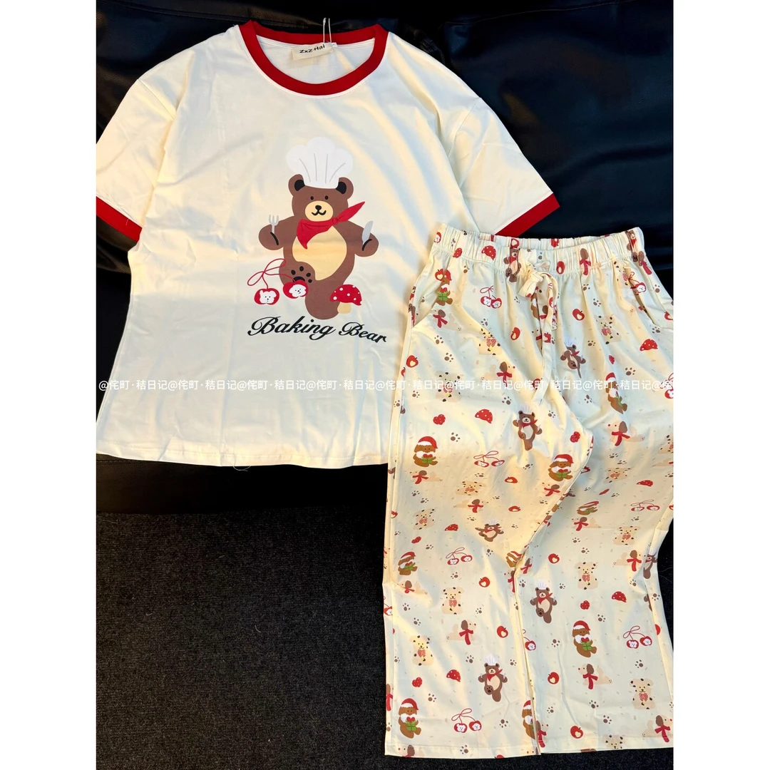 侘町夏季新品厨师小熊套头纯棉睡衣可爱卡通套头家居服韩系氛围感