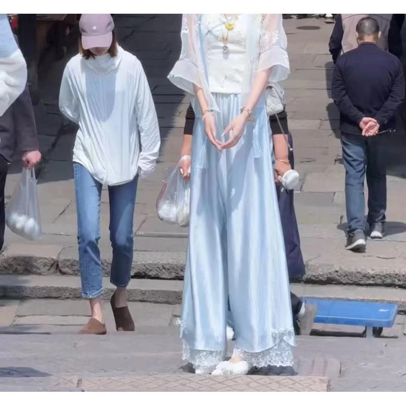 【婷婷】《星纱海韵》浅蓝流光醋酸蕾丝垂感显高阔腿裤 TTM2SX191【Q】