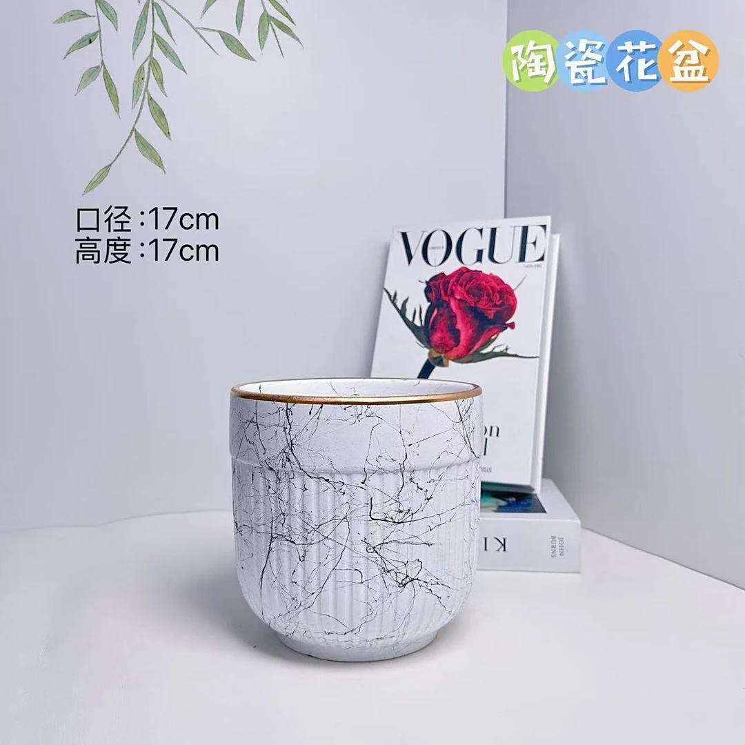 陶瓷花盆罗马柱金边小号口径17高度17分龟背竹发财树金钱树文竹