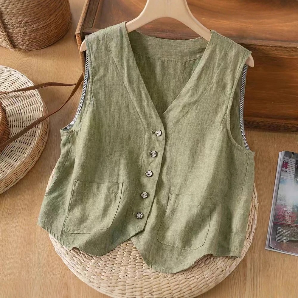 汉麻马甲女2025夏季新款开衫气质文艺复古单排扣色织高贵优雅外穿