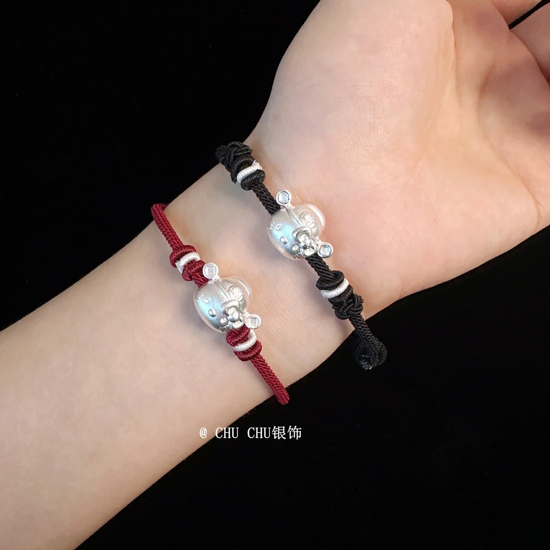 足银布艺手链 足银999财神kt手链公主请发财情侣闺蜜手工编绳礼物