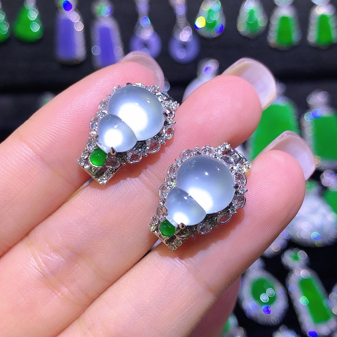 翡翠18K金镶嵌耳饰玻璃种葫芦