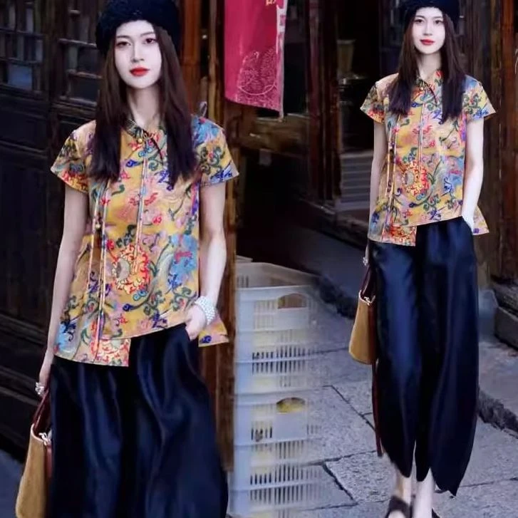 2025夏季新款洋气盘扣国风衬衫阔腿裤两件套新中式时尚气质套装女