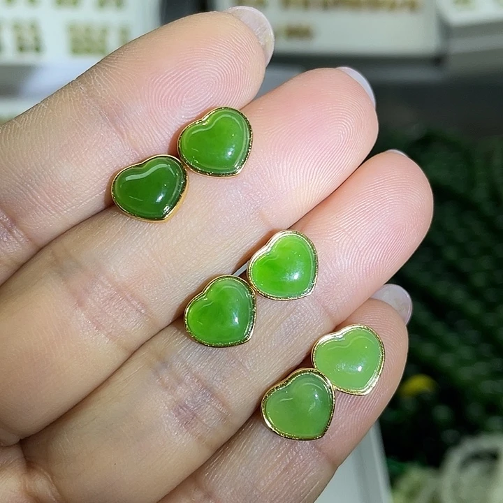 和田玉（碧玉）银S925镀金镶嵌耳饰颜色多样性发货拍一发一