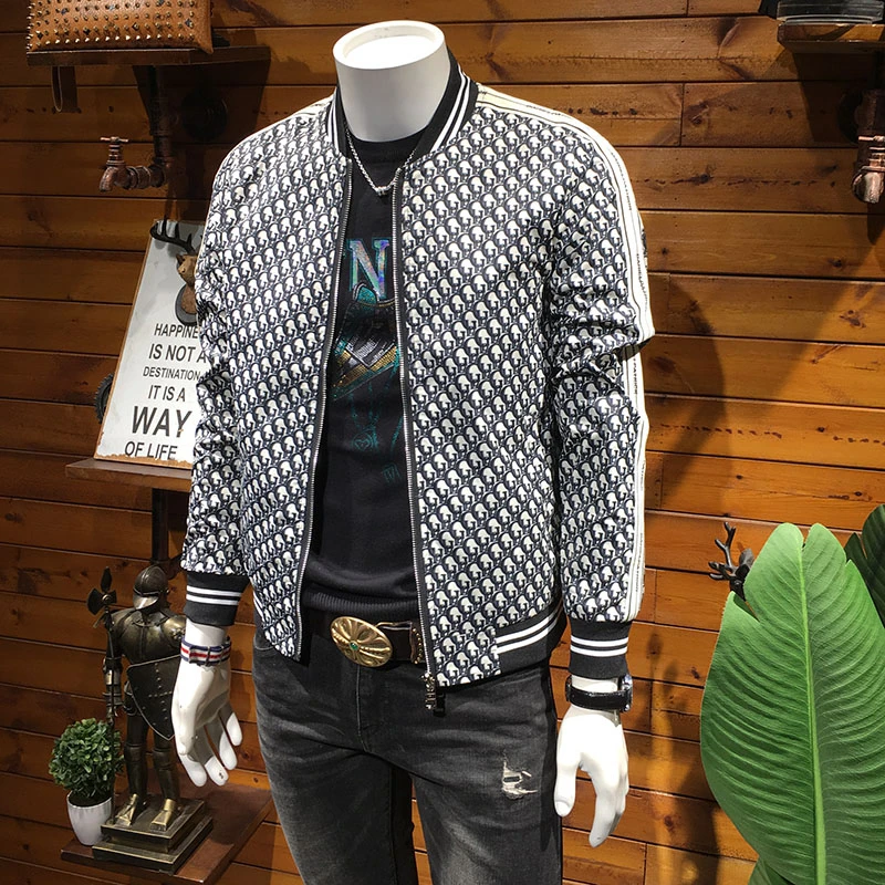 利尼科比利2025新款春秋潮牌立领夹克男青年修身个性印花外套上衣