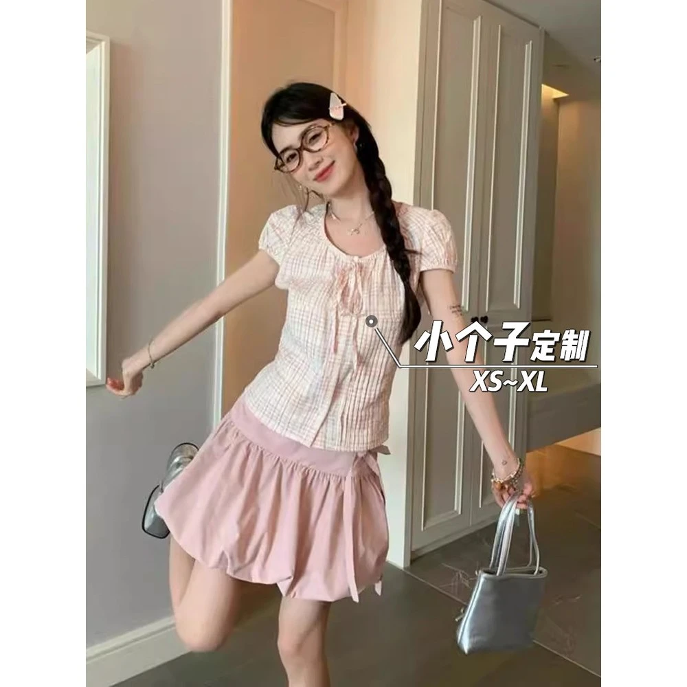 泡泡袖系带格子衬衫女秋150小矮个子高腰蓬蓬花苞裙短袖上衣套装