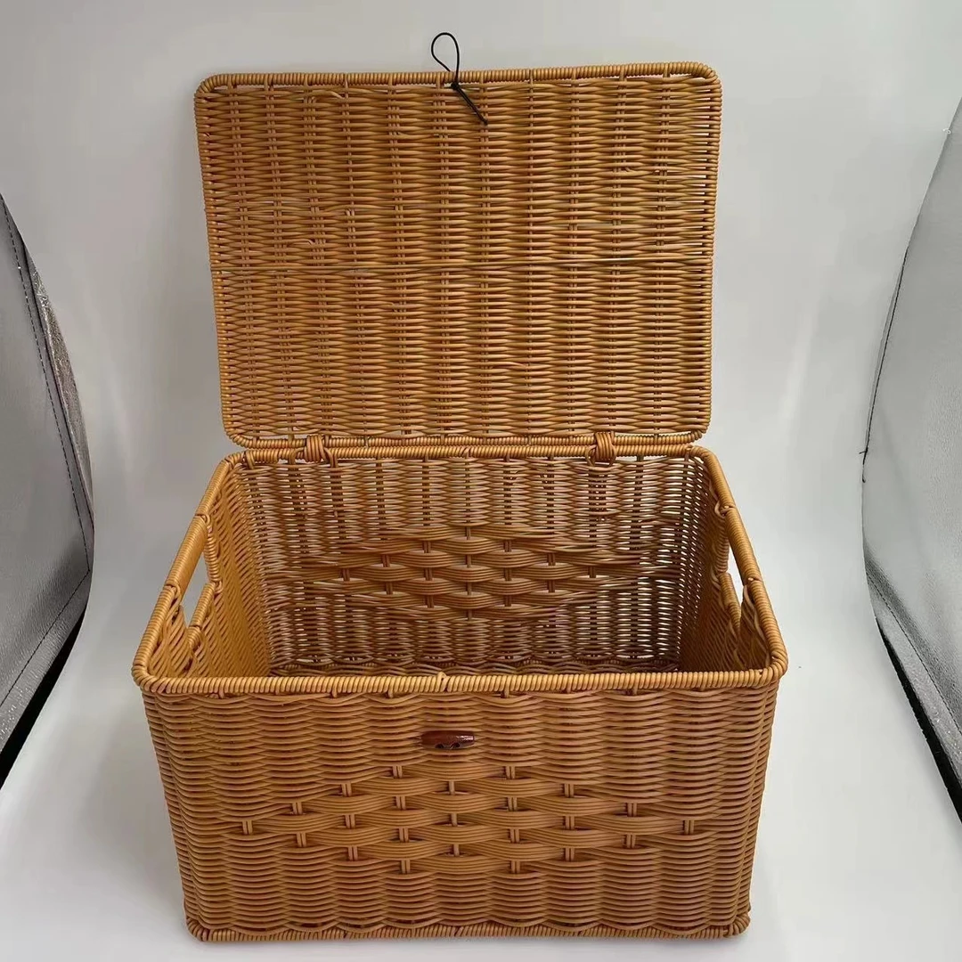 N3棕色双把手带盖收纳筐手工编织37*27*20