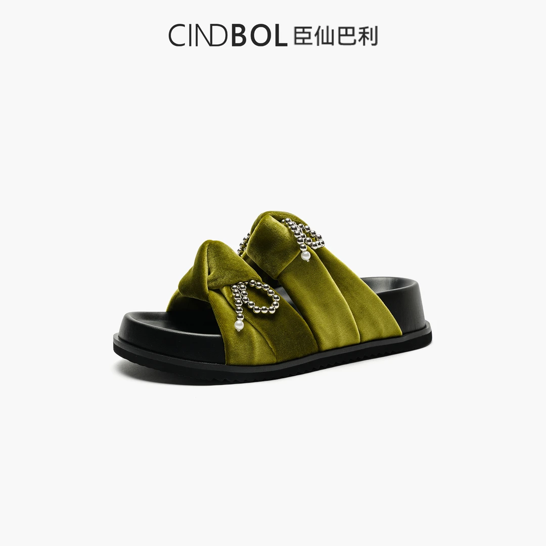 CINDBOL/臣仙巴利夏季日常厚底平跟凉拖鞋一字拖高跟舒适圆头2123