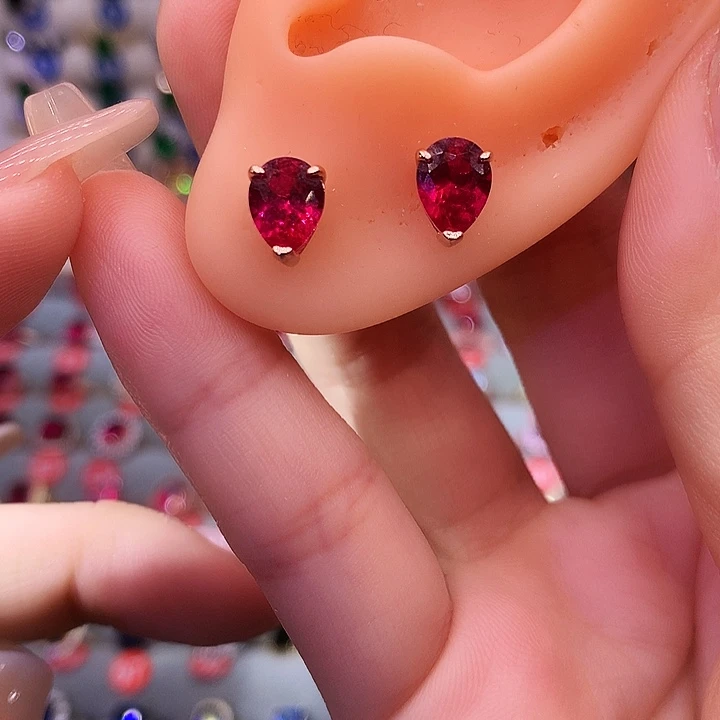 红宝石耳饰银S925镶嵌
