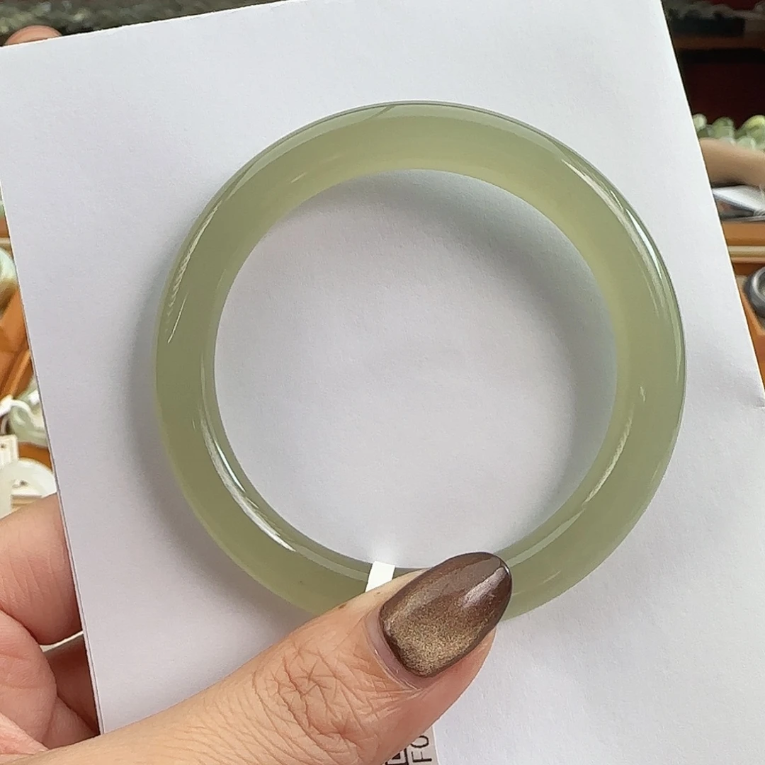 和田玉未镶嵌手镯高冰 起胶起猫光 青提圆条57-58精品