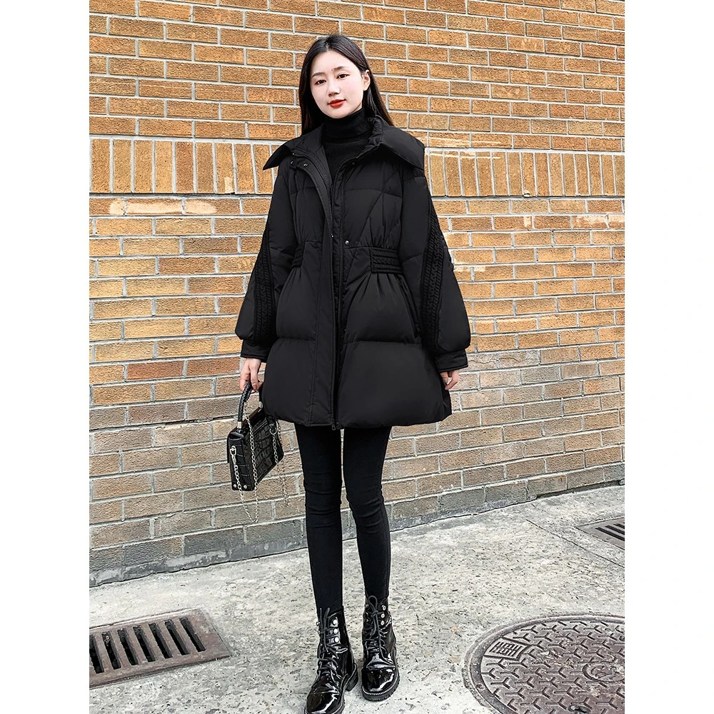 黑色小个子中长款A字羽服女冬2025新款修身显瘦减龄白鸭外套
