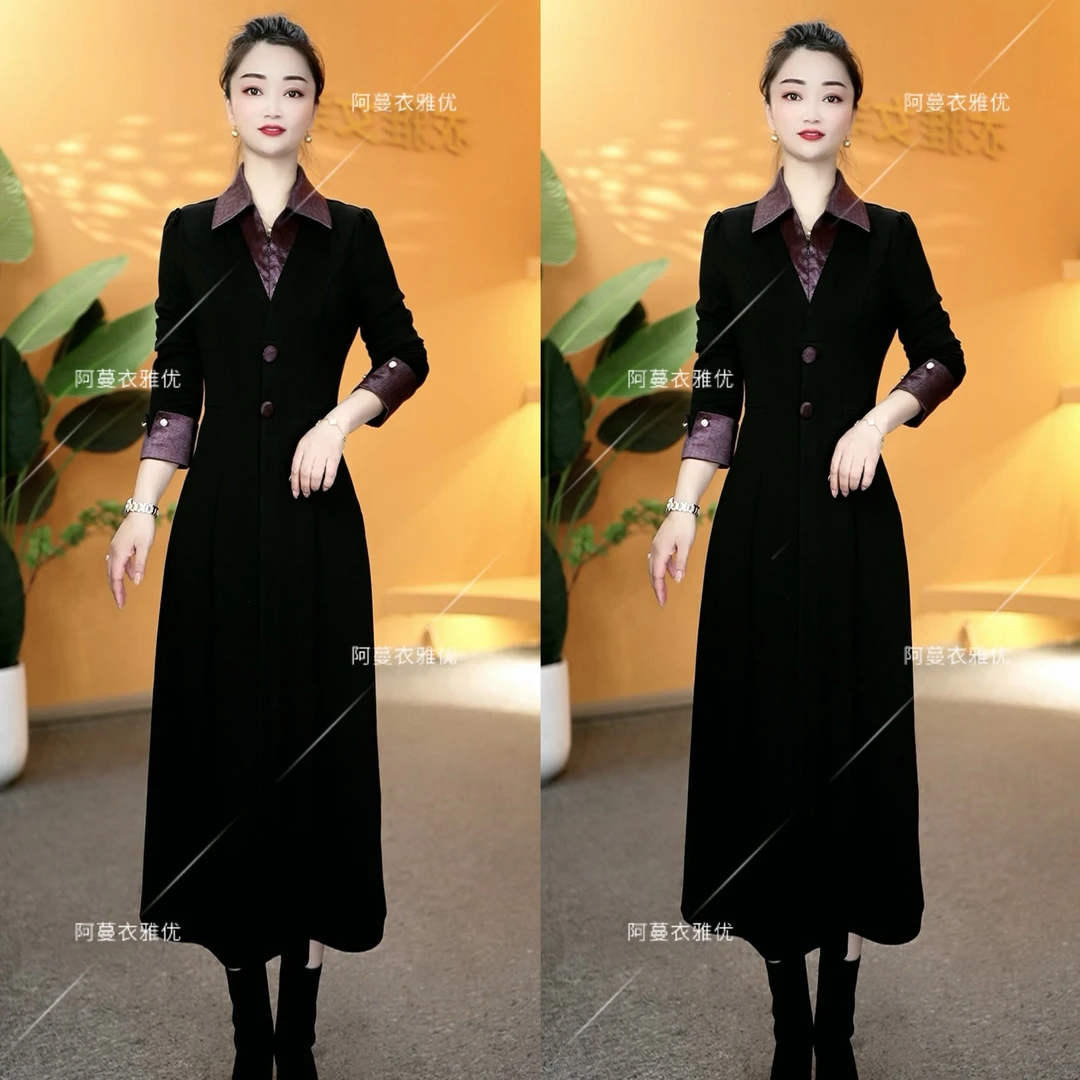 【衣雅严选】8127-1411#新款纳米软精纺拼接桑丝缎翻领显瘦连衣裙