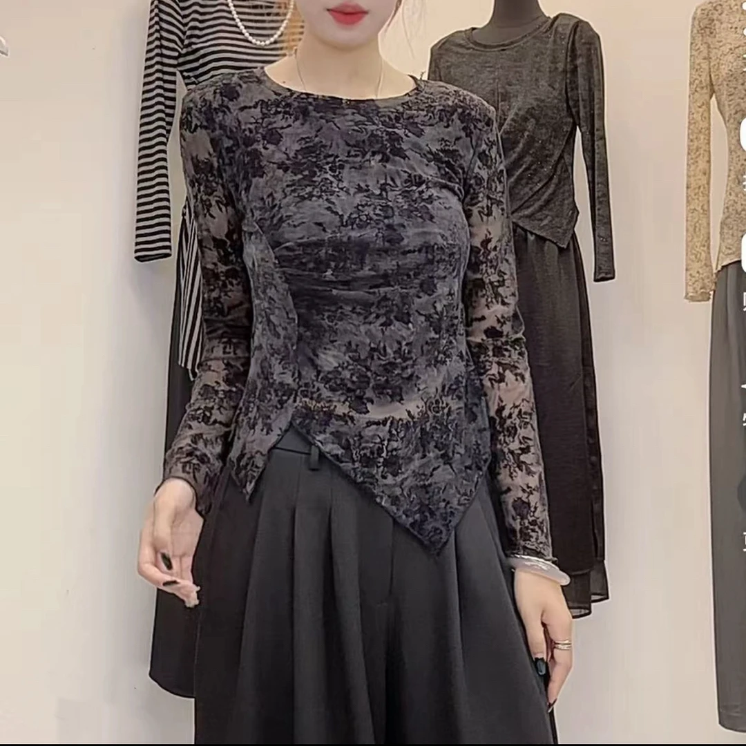 长袖打底衫女秋季2025新款圆领设计感不规则开叉上衣