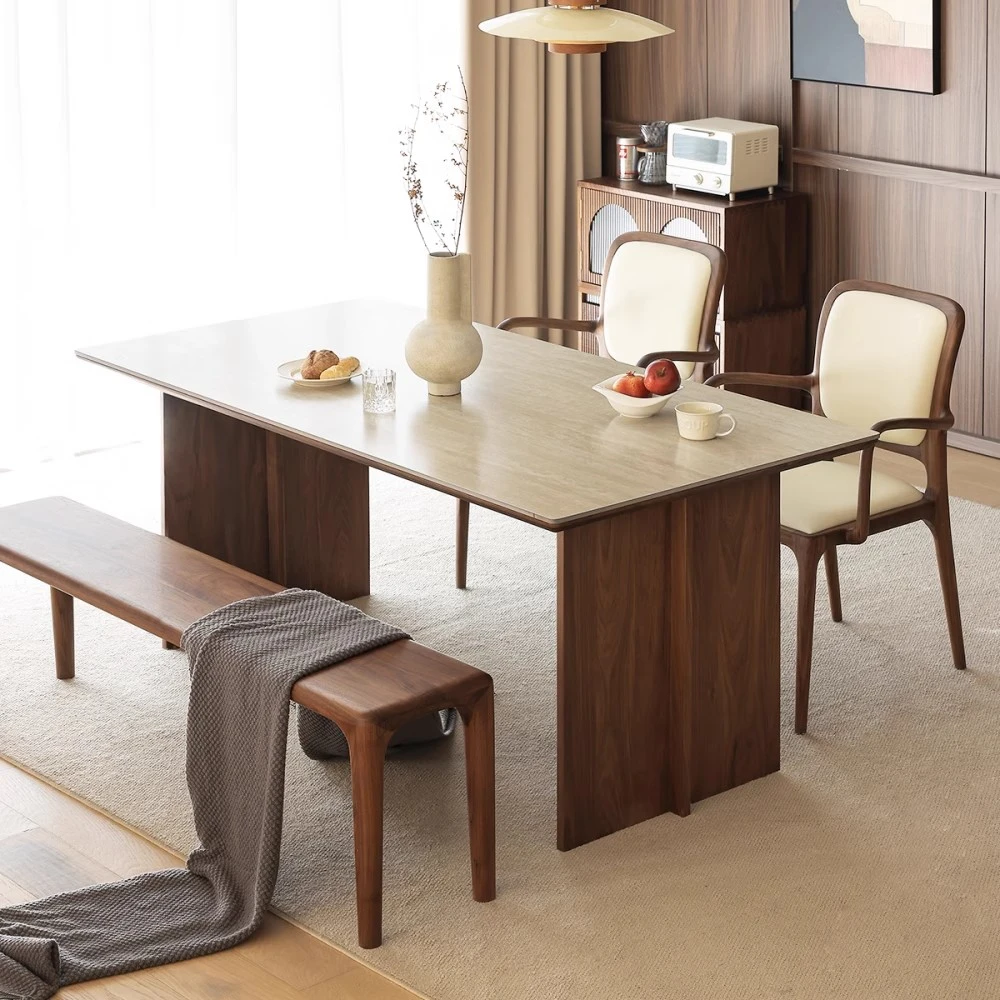 北美黑胡桃木客厅家用岩板餐桌小户型饭桌长条桌复古实木洞石桌子