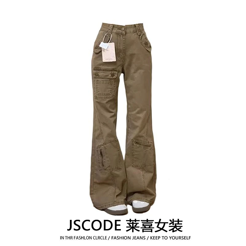 大码女装工装牛仔裤女美式多口袋微喇阔腿裤裤子宽松显瘦辣妹长裤