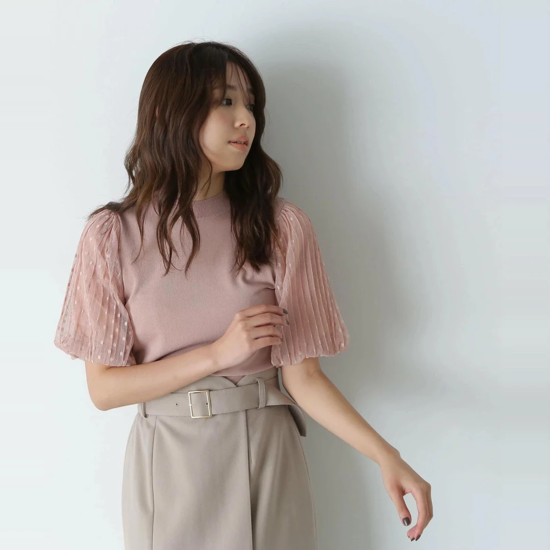 日单 波点网纱泡泡袖 圆领针织衫 上衣28H