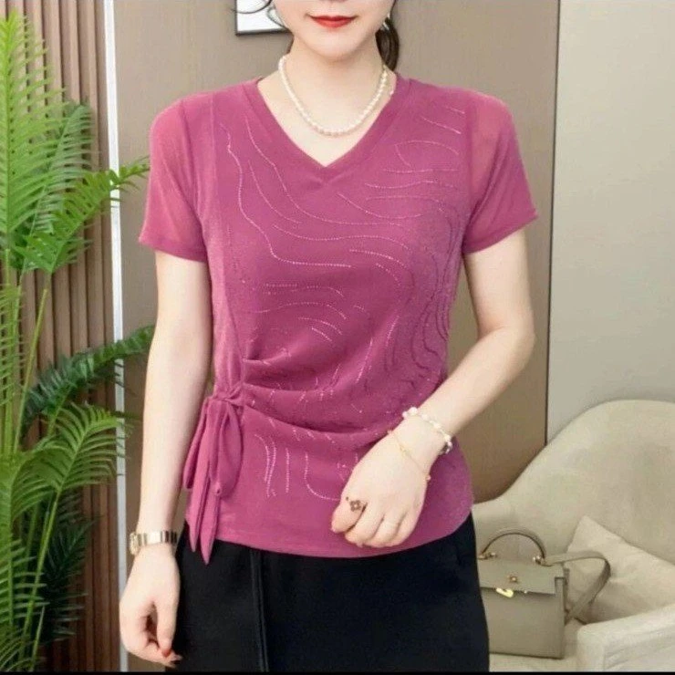2025夏季新款V领系带网纱短袖小衫时尚百搭气质显瘦广场舞上衣女