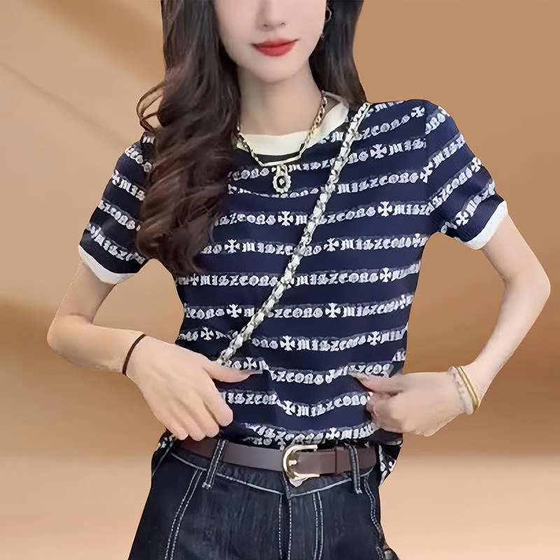 LOzP韩系chic别致独上衣好看2025夏季新款圆领短袖拼色印花T恤女
