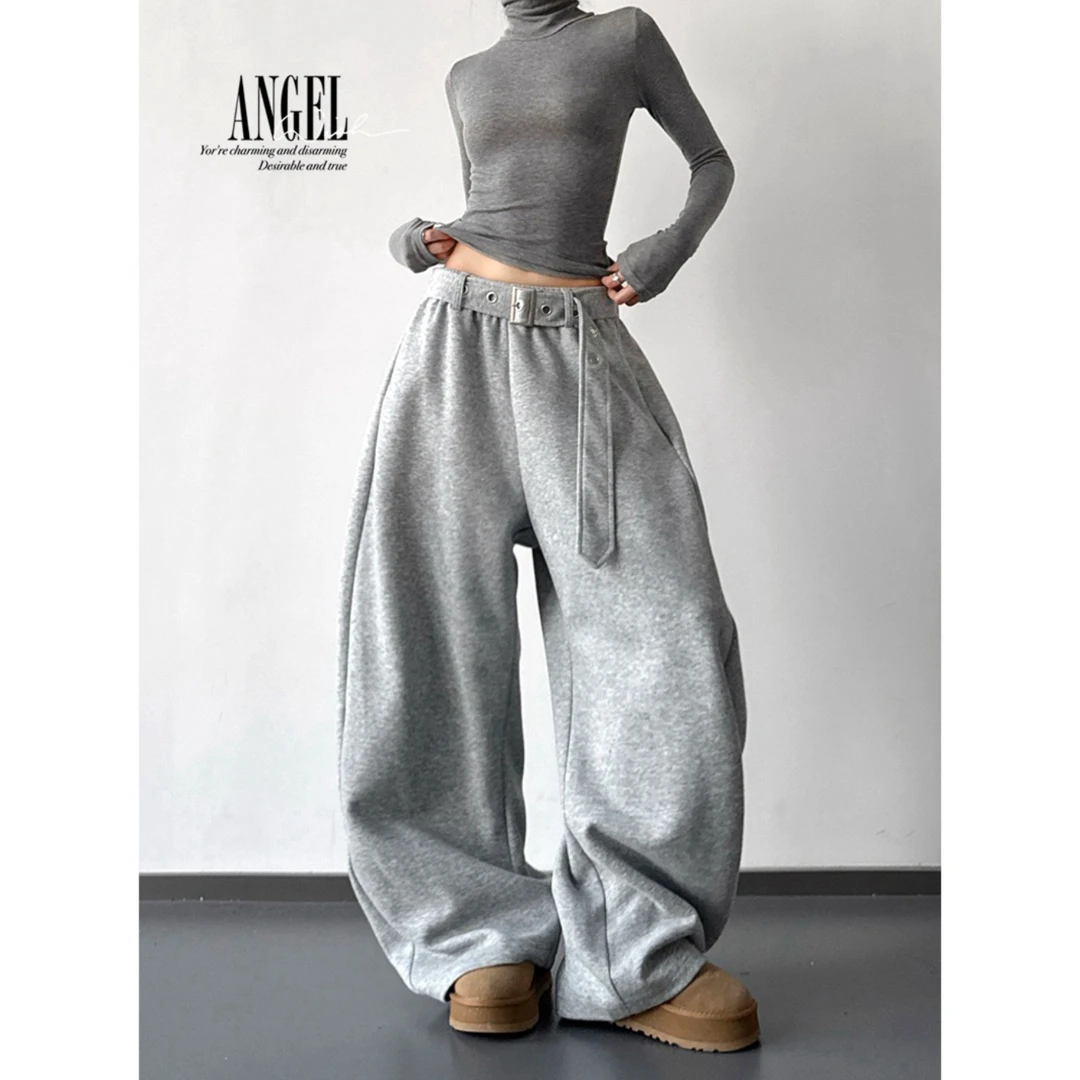 灰色运动裤女2025冬季新款高腰直筒宽松卫裤休闲裤高个子阔腿裤