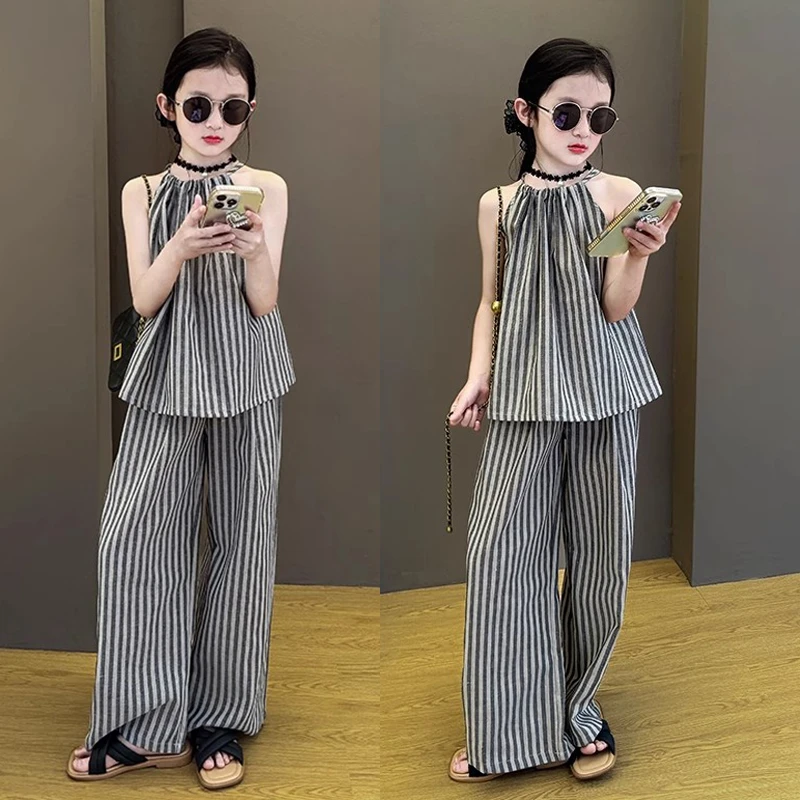 女童套装夏季2025新款韩系洋气时髦中大童条纹背心阔腿裤两件套潮