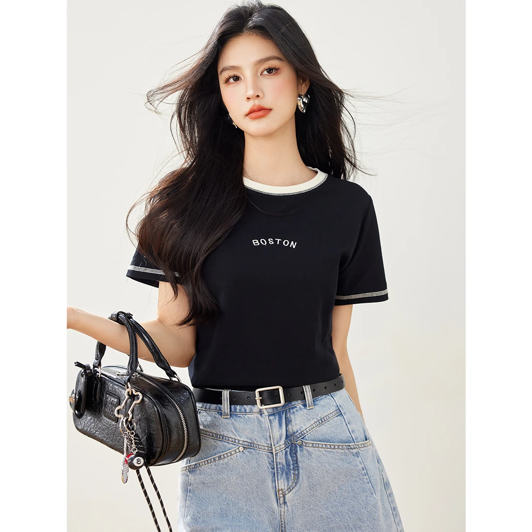 黑色正肩短袖T恤女夏季新款时尚小个子设计感小众宽松显瘦上衣潮