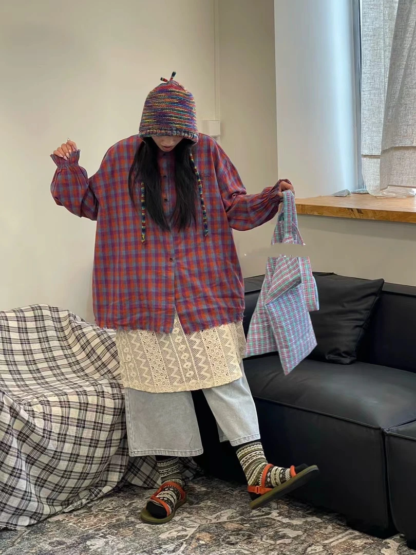 衬衫格子圆领长袖休闲百搭复古春季宽松韩版格纹