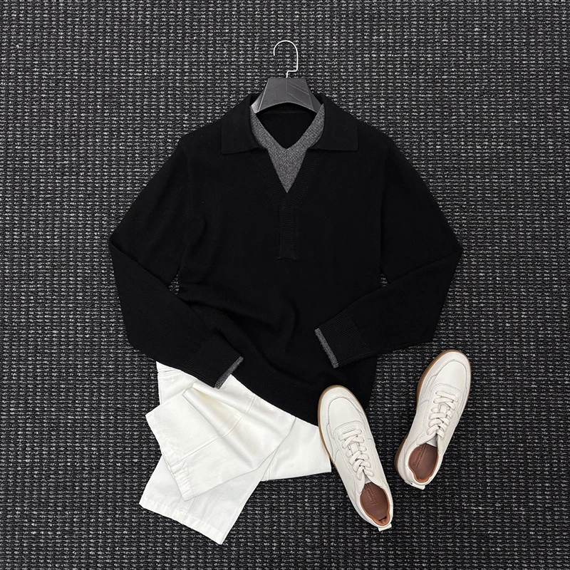 MIGSIMHE·秋冬老钱风100%绵羊毛男士休闲慵懒感假两件V领针织衫