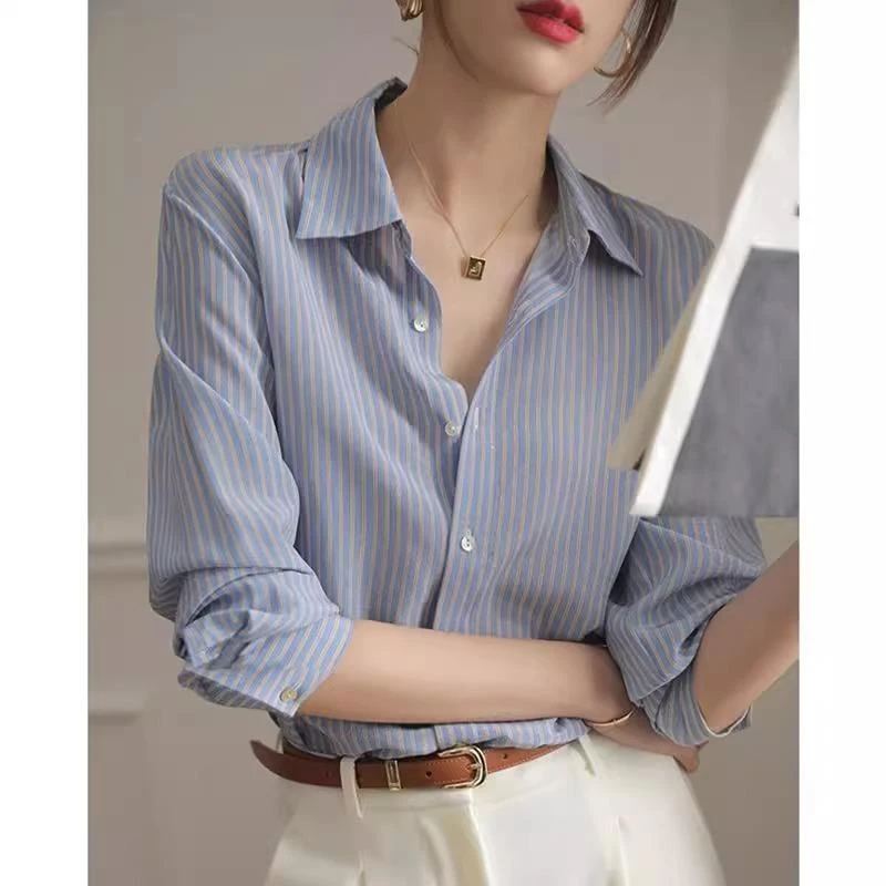 哥弟阿玛施正品2025春秋季新款经典法式蓝色条纹长袖衬衫女上衣